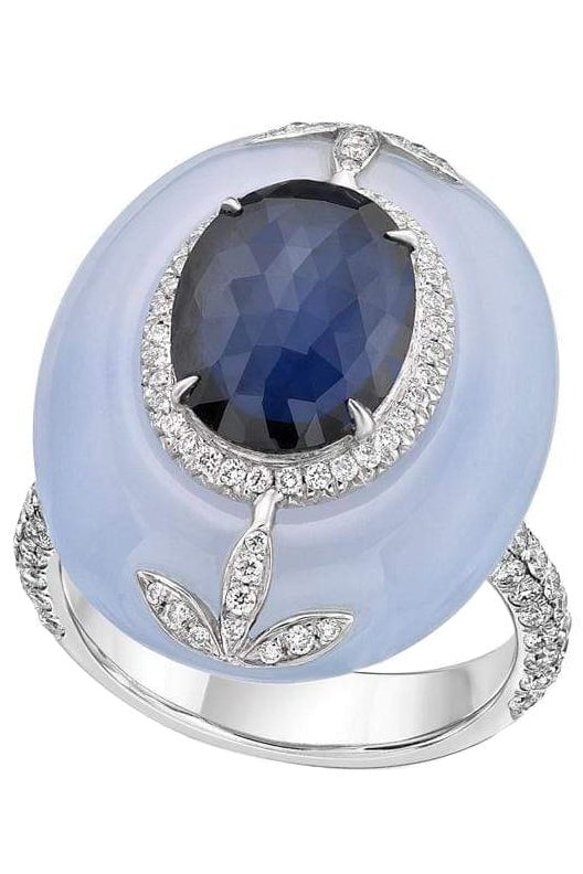SABOO FINE JEWELS-Cabochon Sapphire and Chalcedony Ring-WHITE GOLD