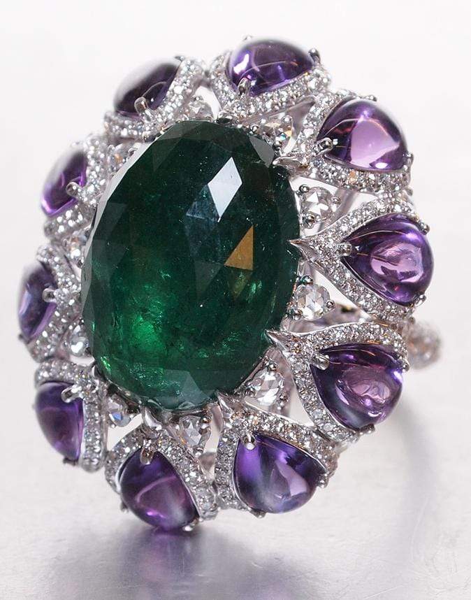 SABOO FINE JEWELS-Emerald, Amethyst and Diamond Ring-WHITE GOLD