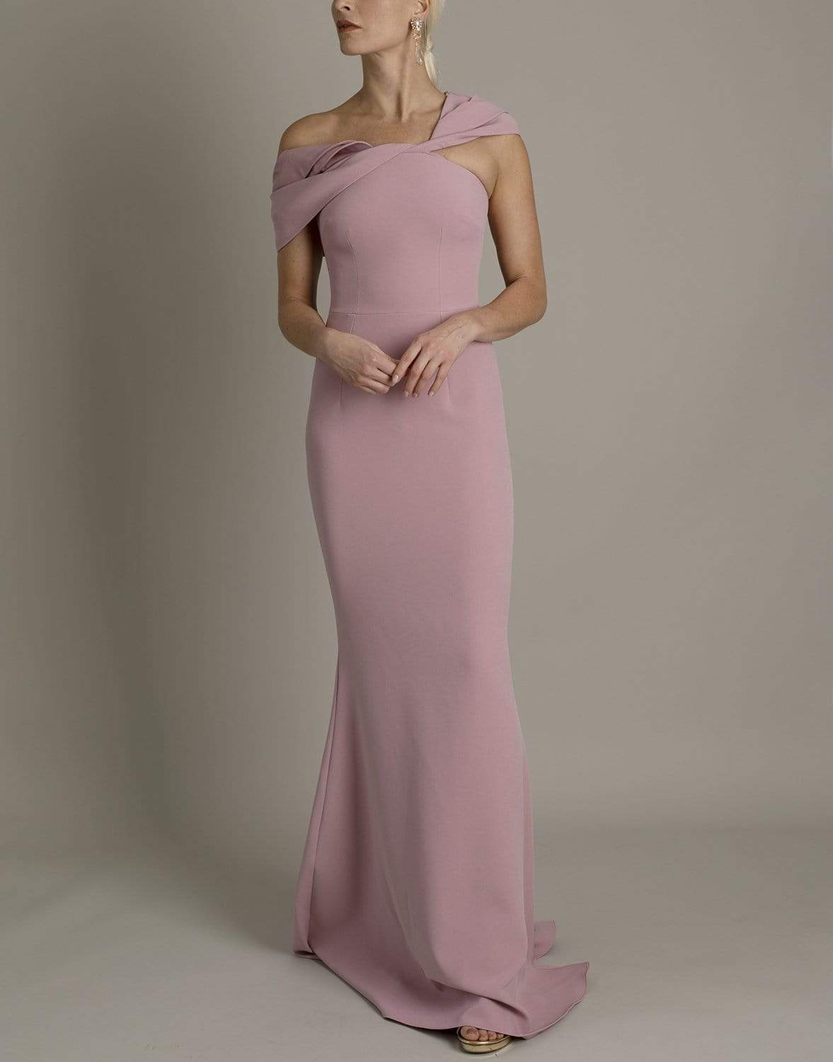 SAFIYAA-Asymmetrical Shoulder Drape Long Rosa Dress-