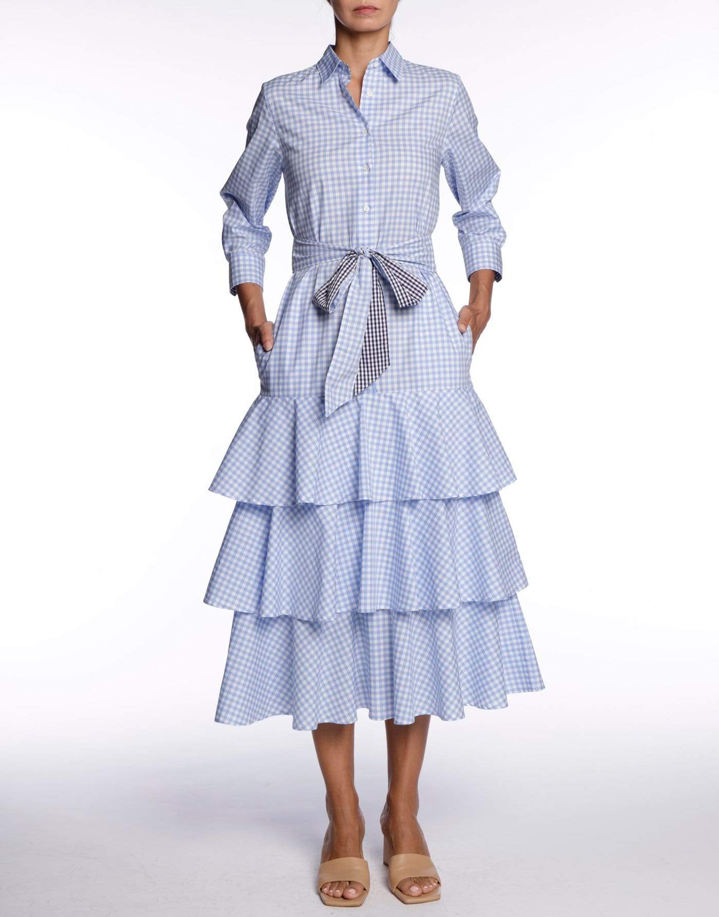 SARA ROKA-Mynaxa Blue Checkered Belted Dress-