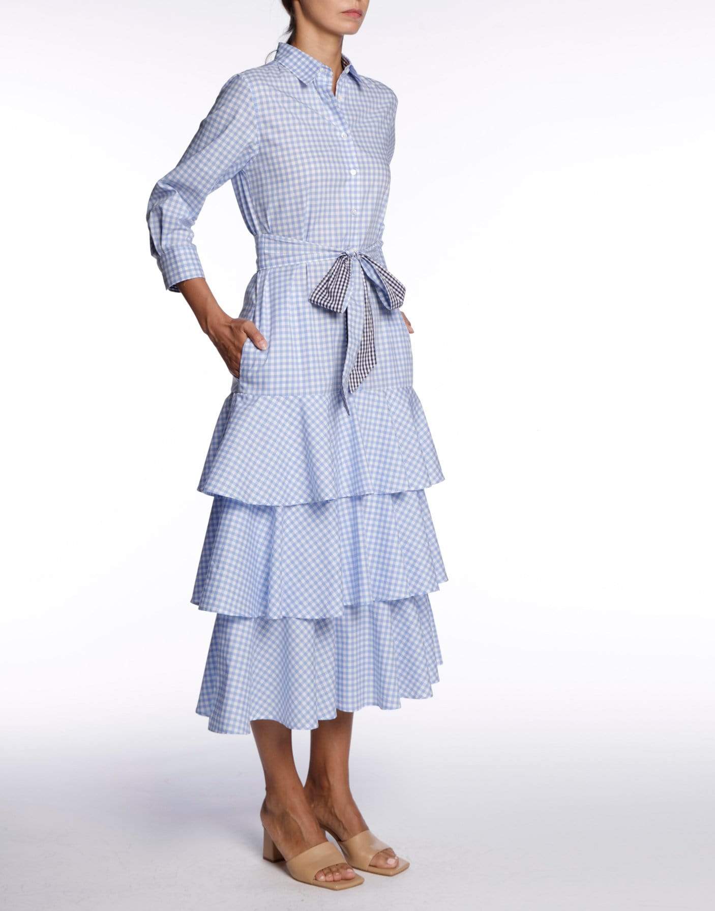 SARA ROKA-Mynaxa Blue Checkered Belted Dress-