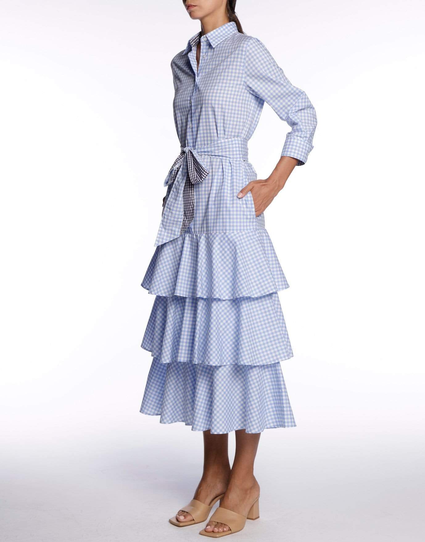SARA ROKA-Mynaxa Blue Checkered Belted Dress-