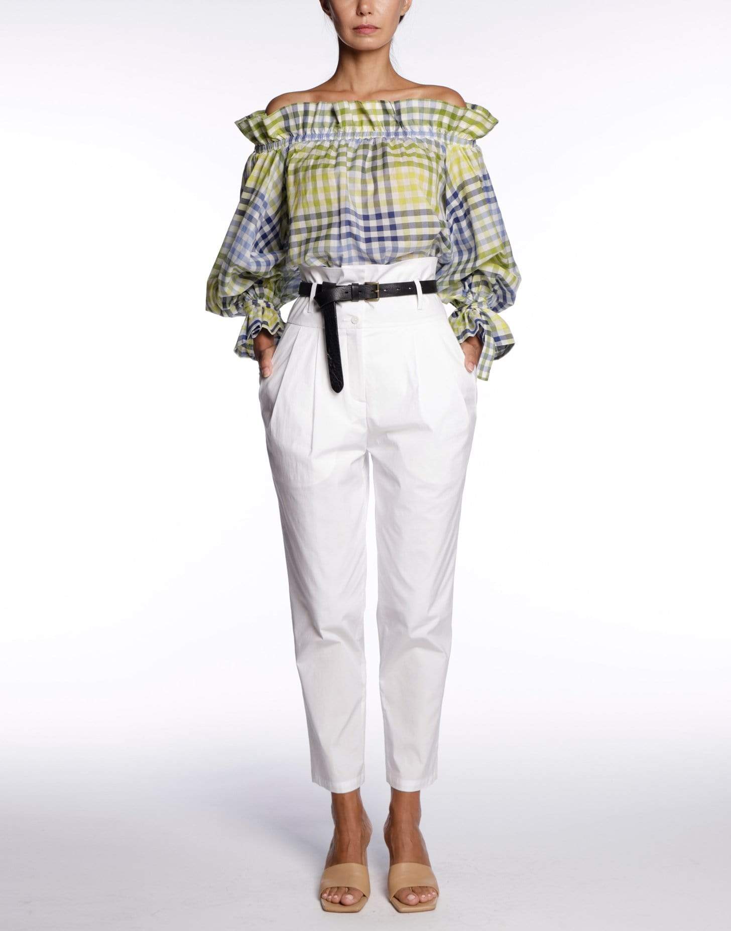 SARA ROKA-Iside Checkered Off Shoulder Top-