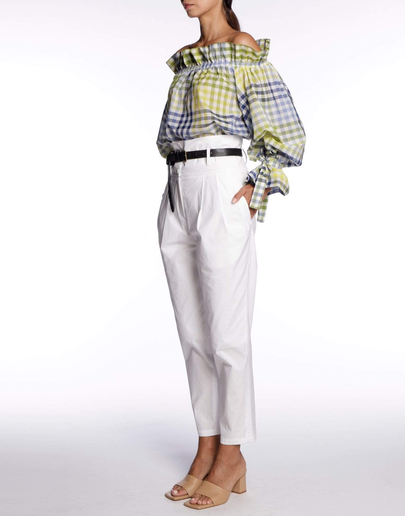 SARA ROKA-Iside Checkered Off Shoulder Top-