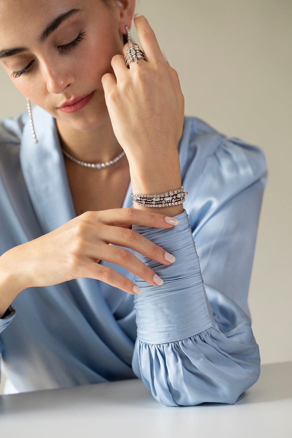 SARA WEINSTOCK-Taj Baguette Diamond Bolo Bracelet-WHITE GOLD