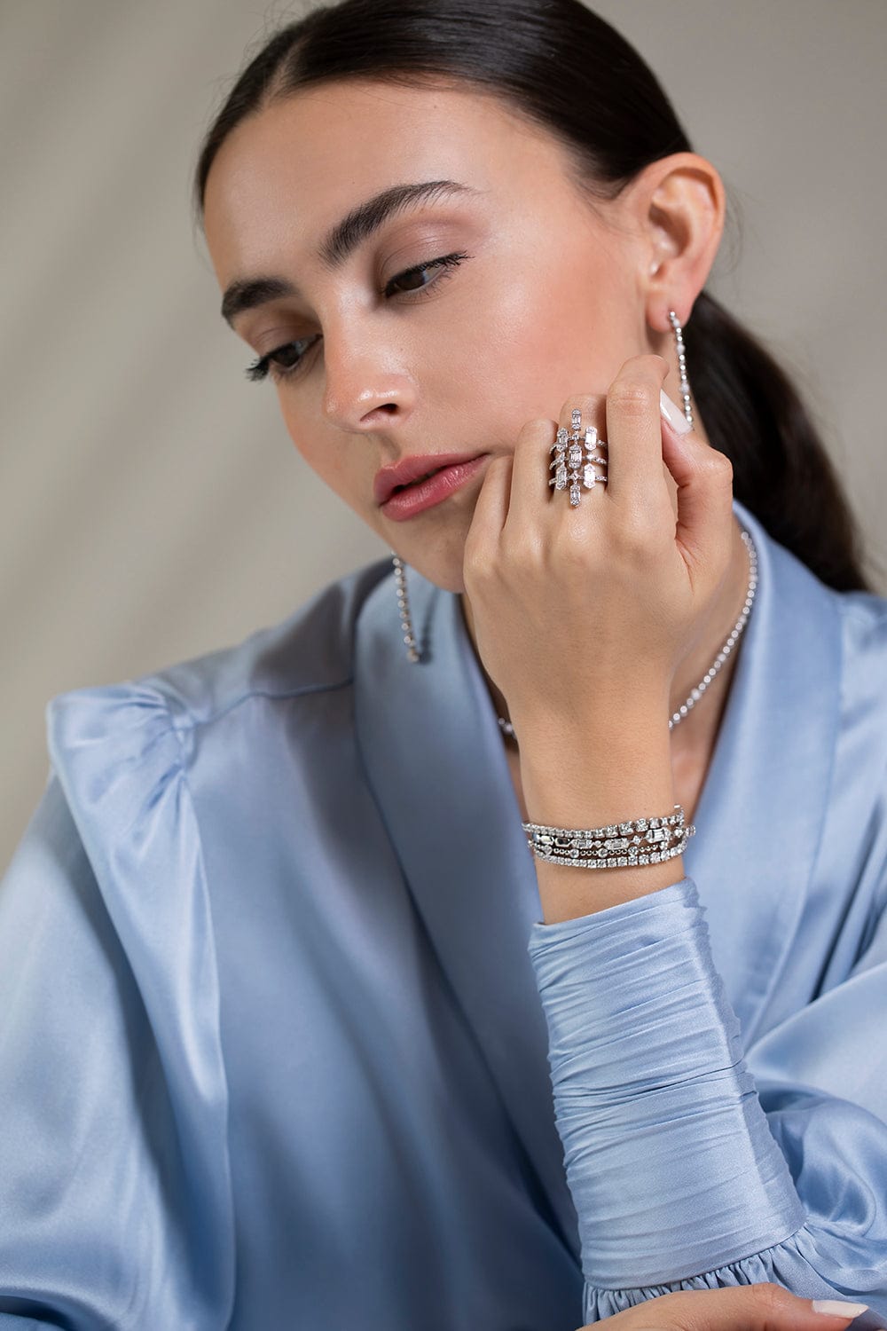 SARA WEINSTOCK-Taj Baguette Diamond Bolo Bracelet-WHITE GOLD