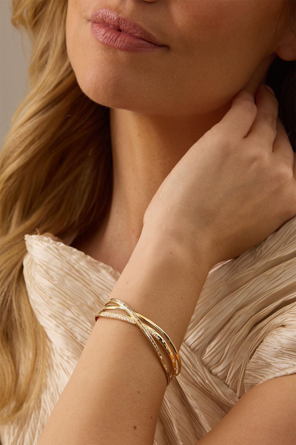 Diamond Crossover Bangle Cuff Bracelet-YELLOW GOLD-6.5-JEWELRYFINE JEWELBRACELET O-SARA WEINSTOCK