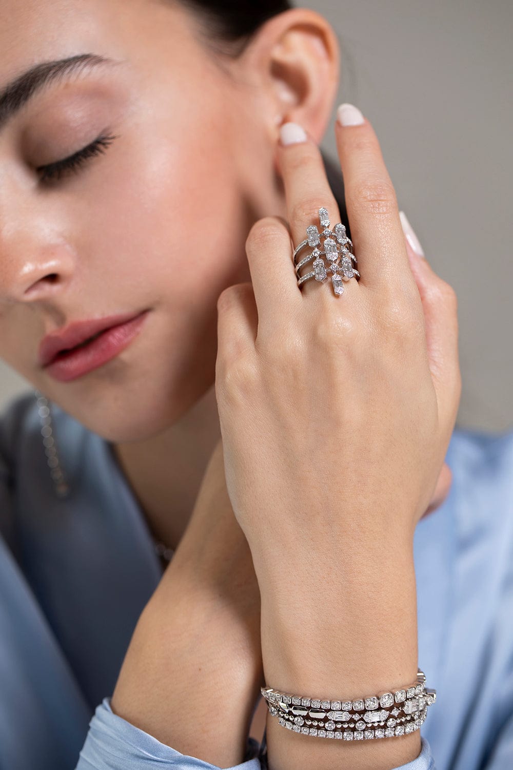 SARA WEINSTOCK-Taj Baguette Diamond Stacked Ring-WHITE GOLD