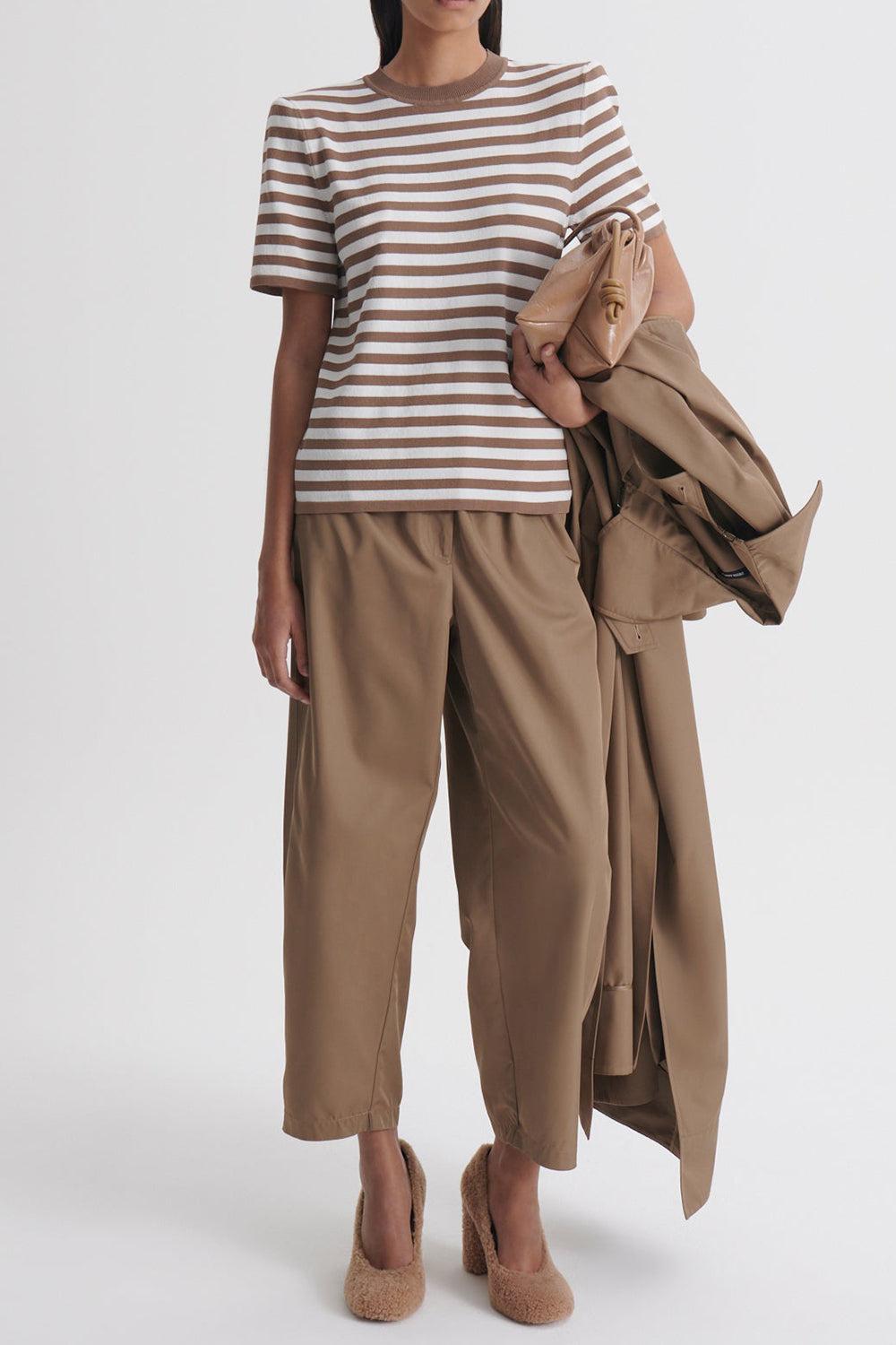 Crepe Striped T-Shirt - Whiskey-STRIPE-XS-CLOTHINGTOPT-SHIRT-SCANLAN THEODORE