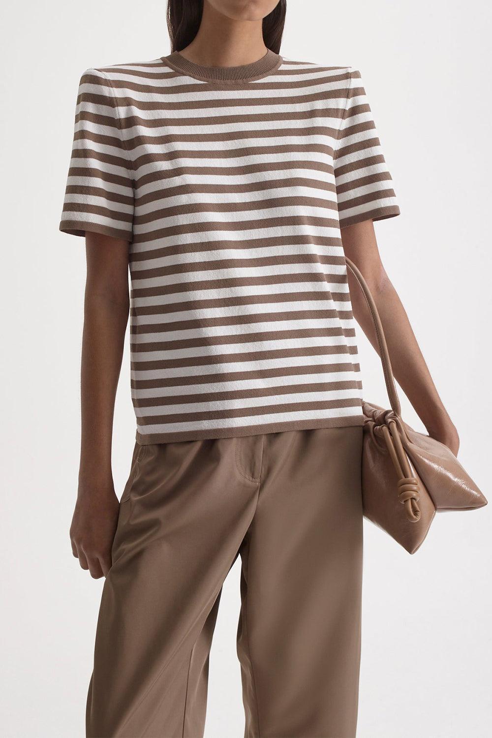  Crepe Striped T-Shirt - Whiskey-STRIPE-XS-CLOTHINGTOPT-SHIRT-SCANLAN THEODORE 