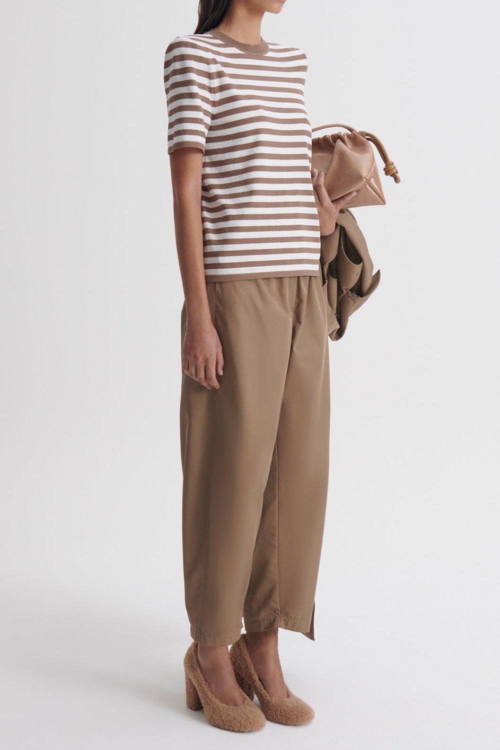 Crepe Striped T-Shirt - Whiskey-STRIPE-XS-CLOTHINGTOPT-SHIRT-SCANLAN THEODORE