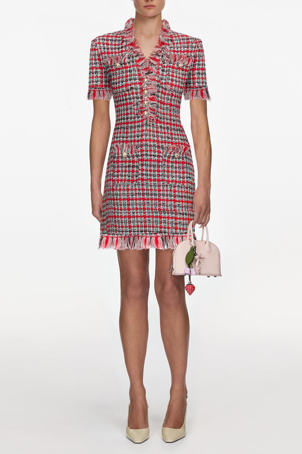 Check Frayed Mini Dress-RED-XS-CLOTHINGDRESSCOCKTAIL-SELF-PORTRAIT