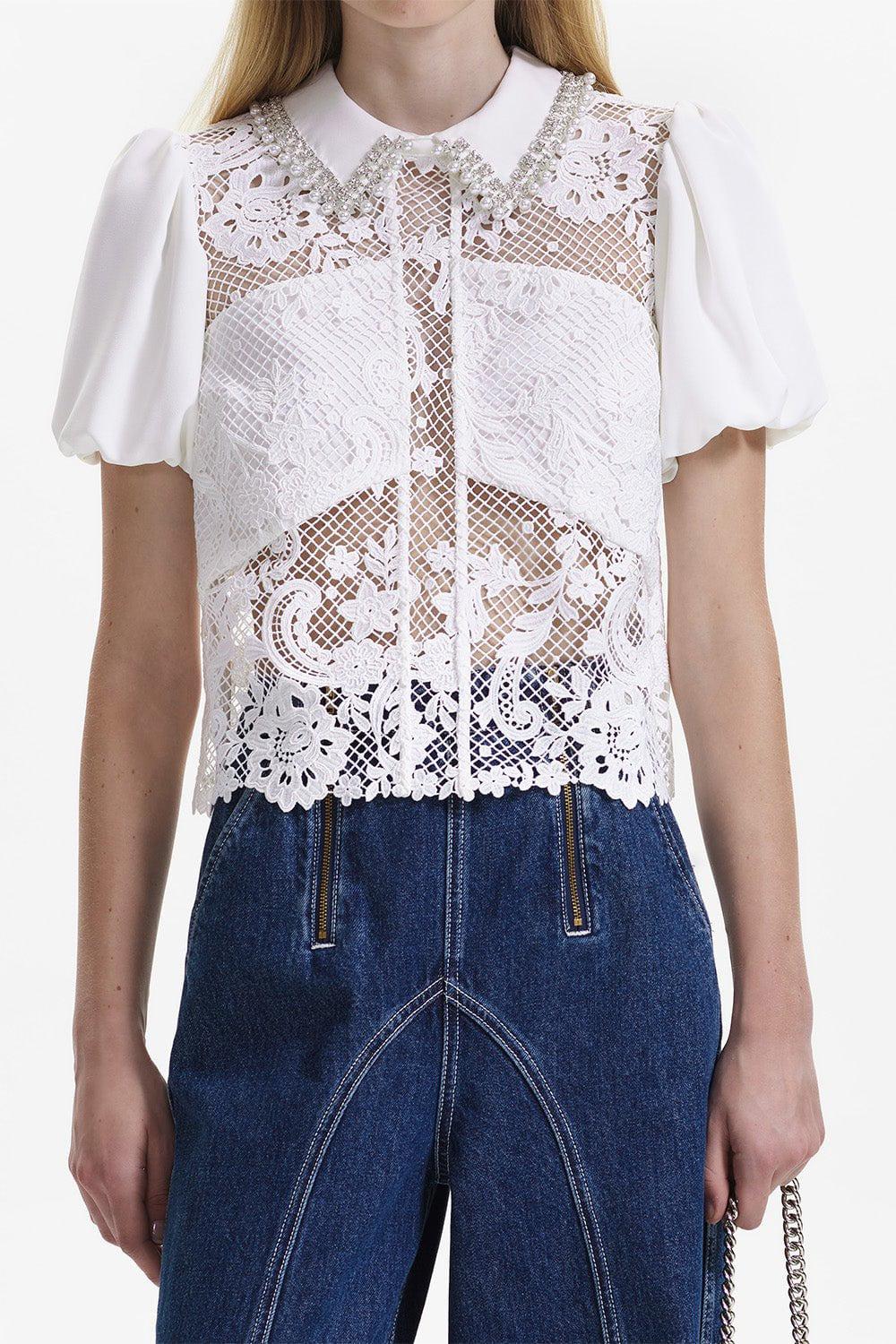 self-portrait-Lace Diamante Collar Top-