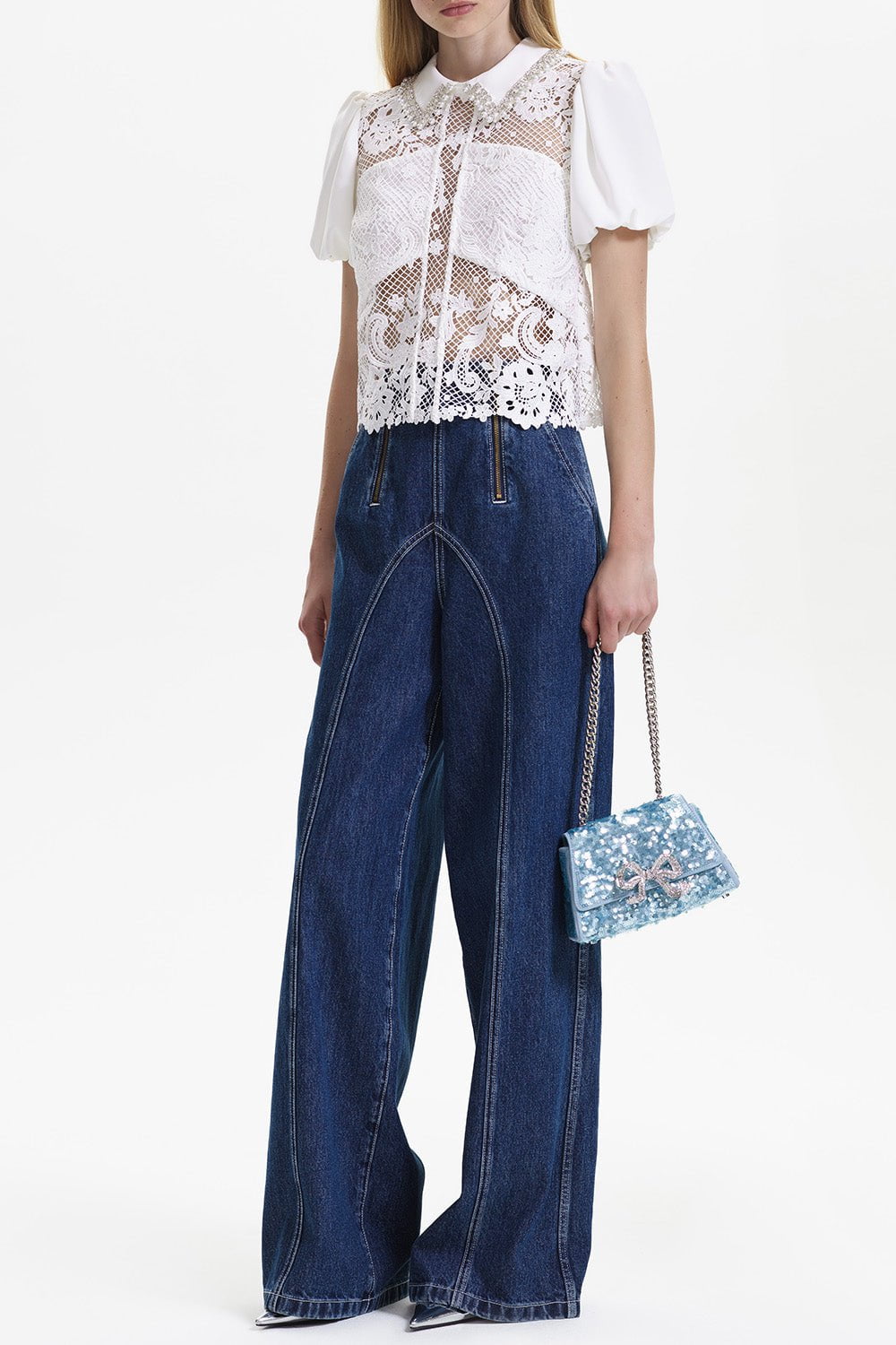 self-portrait-Lace Diamante Collar Top-