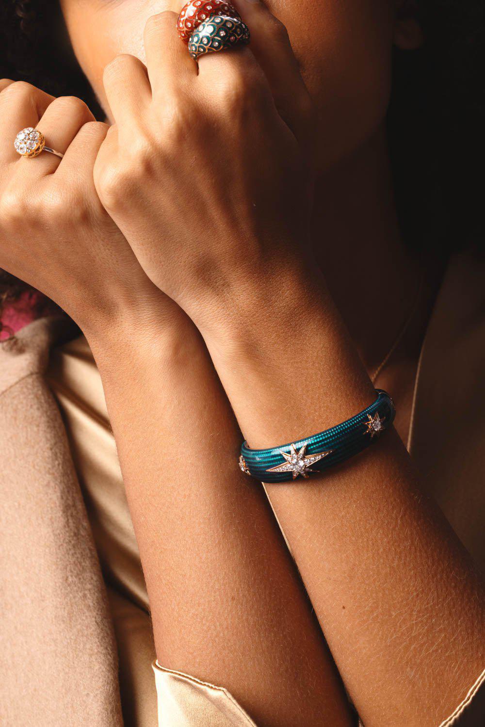 SELIM MOUZANNAR-Aida Petrol Enamel Diamond Cuff Bracelet-ROSE GOLD