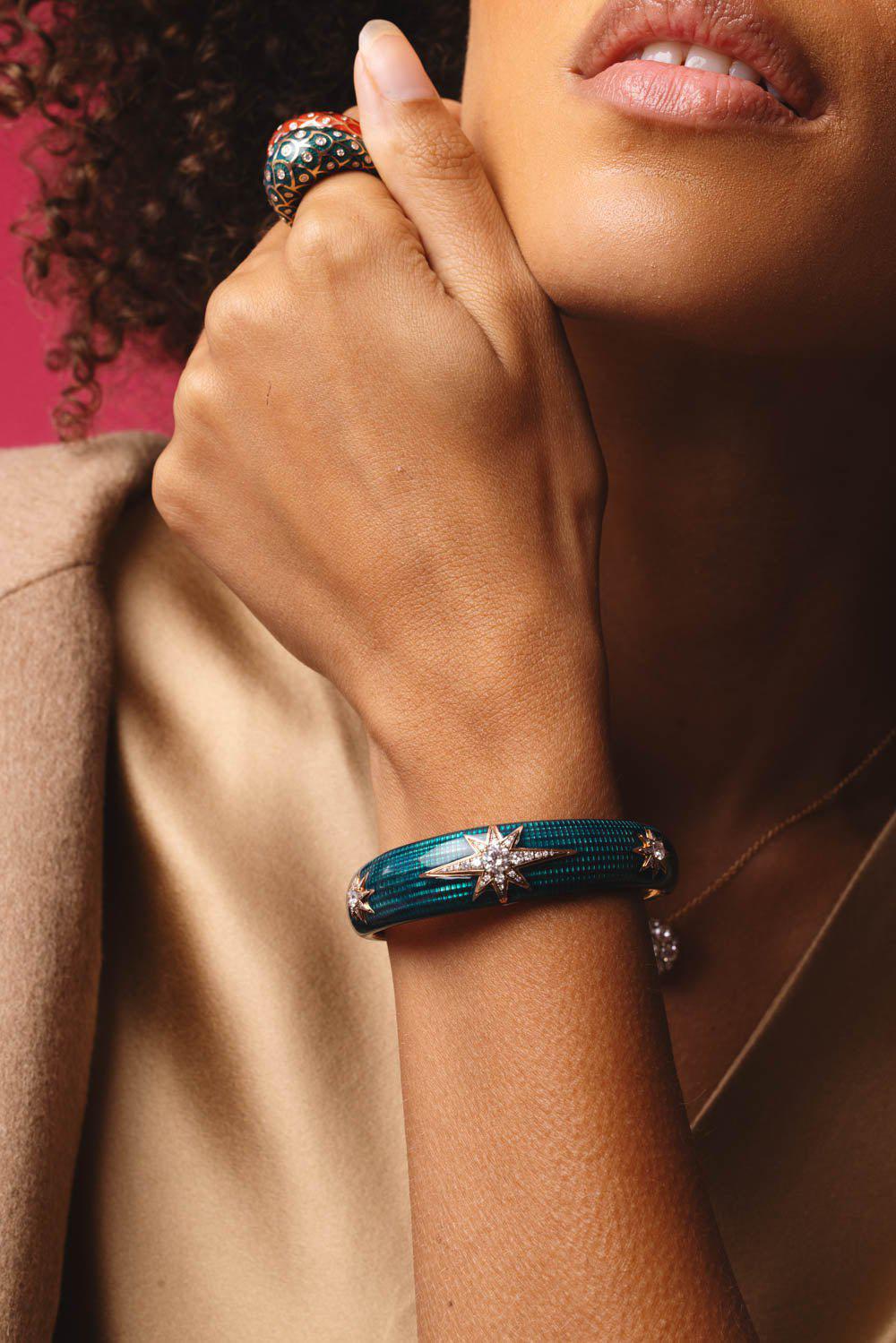 SELIM MOUZANNAR-Aida Petrol Enamel Diamond Cuff Bracelet-ROSE GOLD
