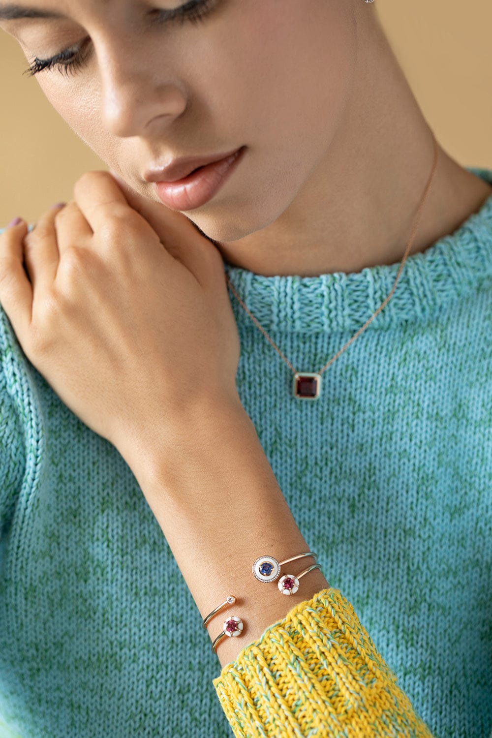 SELIM MOUZANNAR-White Enamel Pink Tourmaline Cuff-ROSE GOLD