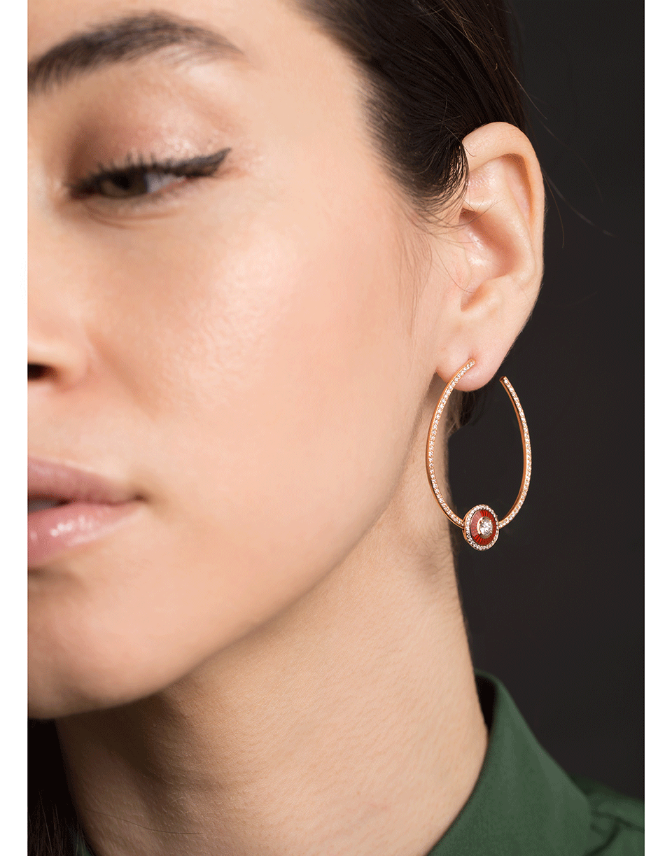 SELIM MOUZANNAR-Burgundy Enamel Open Hoop Earrings-ROSE GOLD