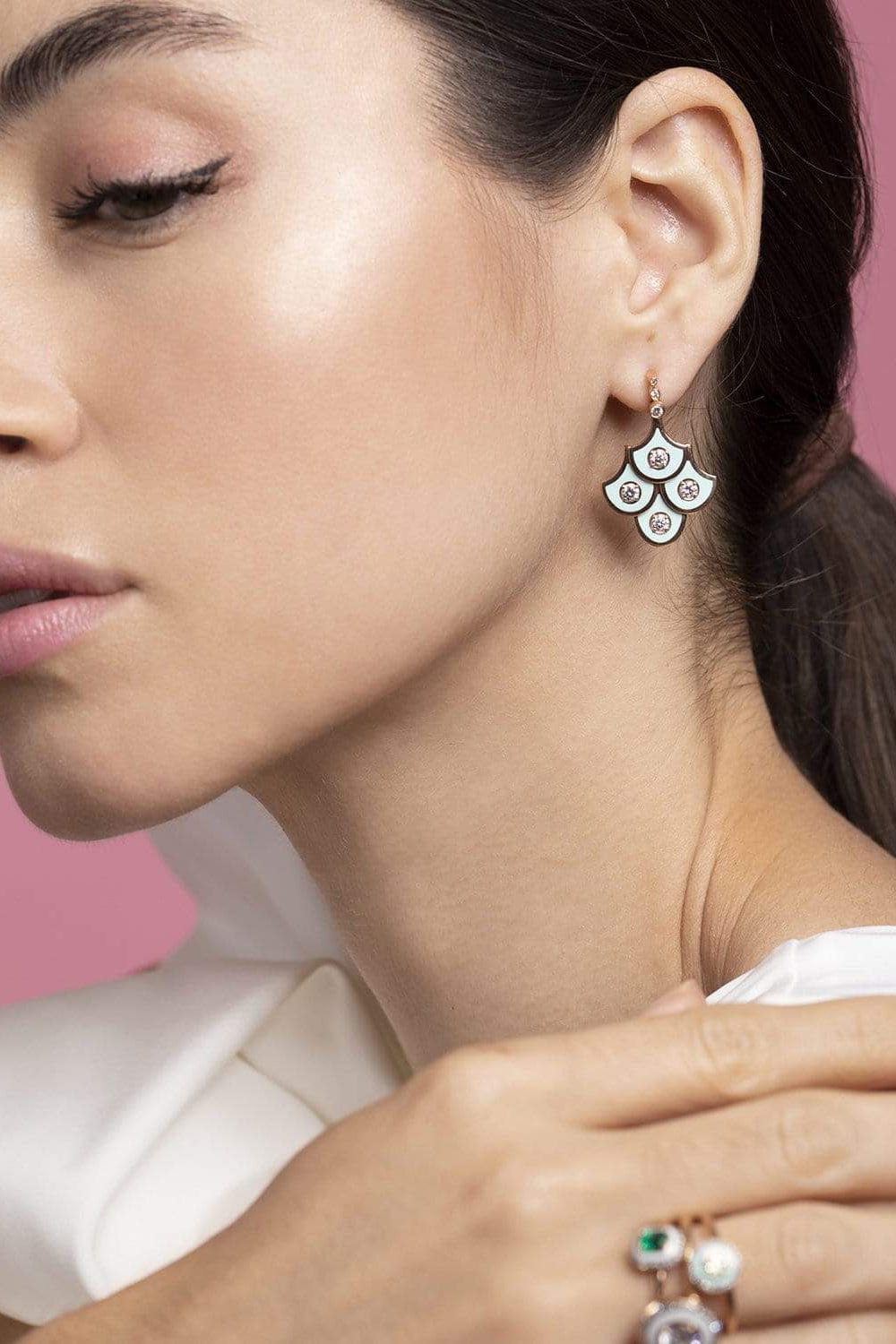 SELIM MOUZANNAR-Diamond and Mint Enamel Earrings-ROSE GOLD