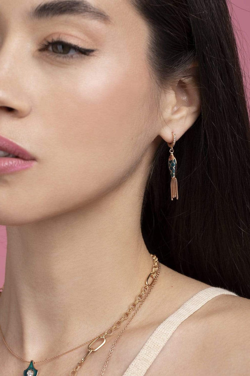 SELIM MOUZANNAR-Petrol Enamel Fish Earring-ROSE GOLD