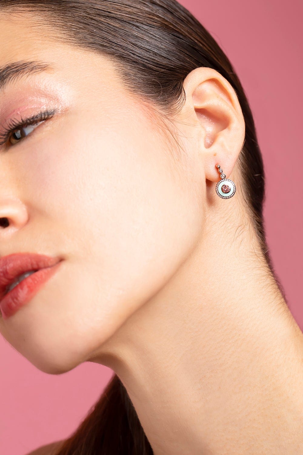 SELIM MOUZANNAR-Pink Tourmaline and Mint Enamel Earrings-ROSE GOLD