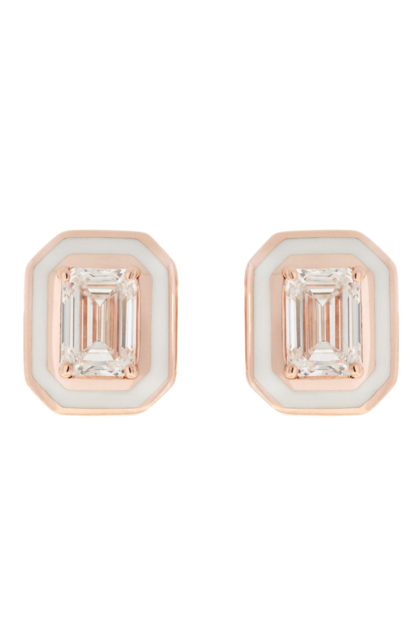 SELIM MOUZANNAR-White Enamel Diamond Studs-ROSE GOLD