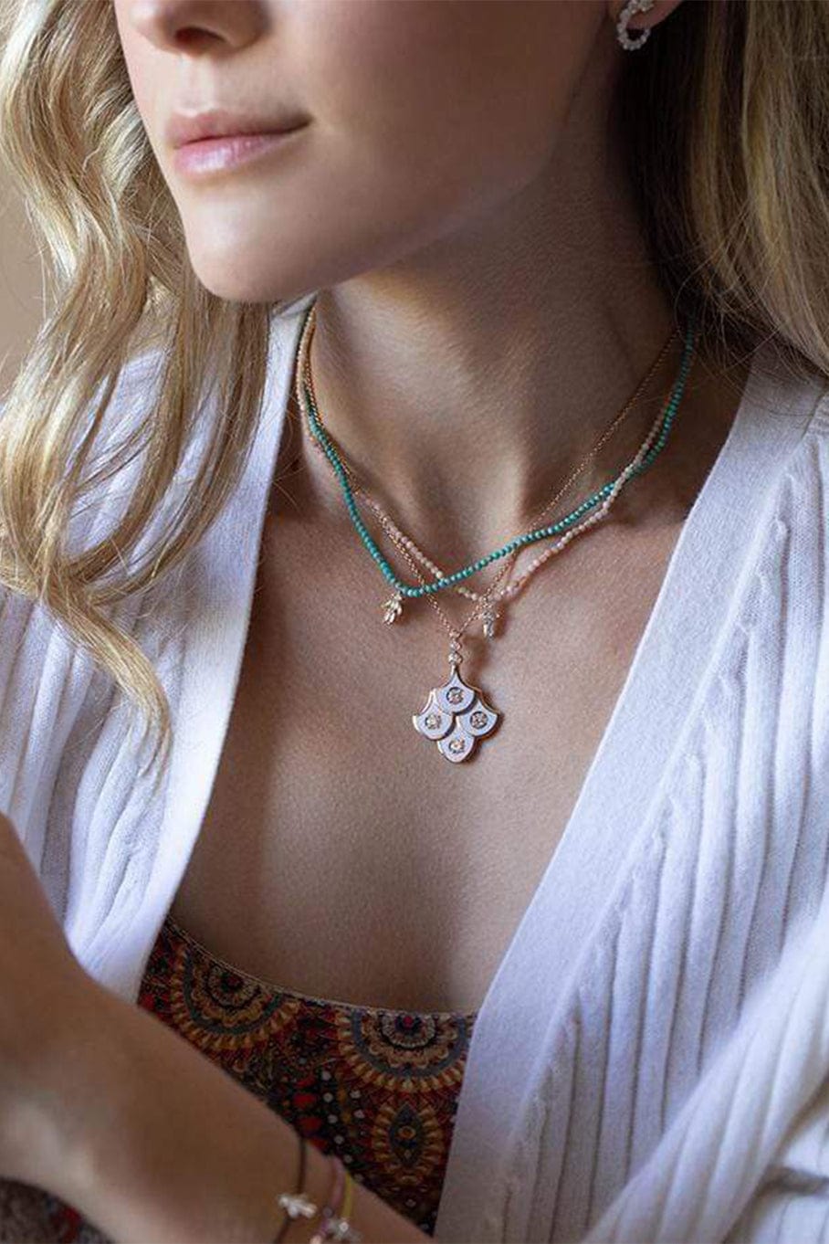 SELIM MOUZANNAR-Diamond and Lilac Enamel Fish Scale Pendant Necklace-ROSE GOLD