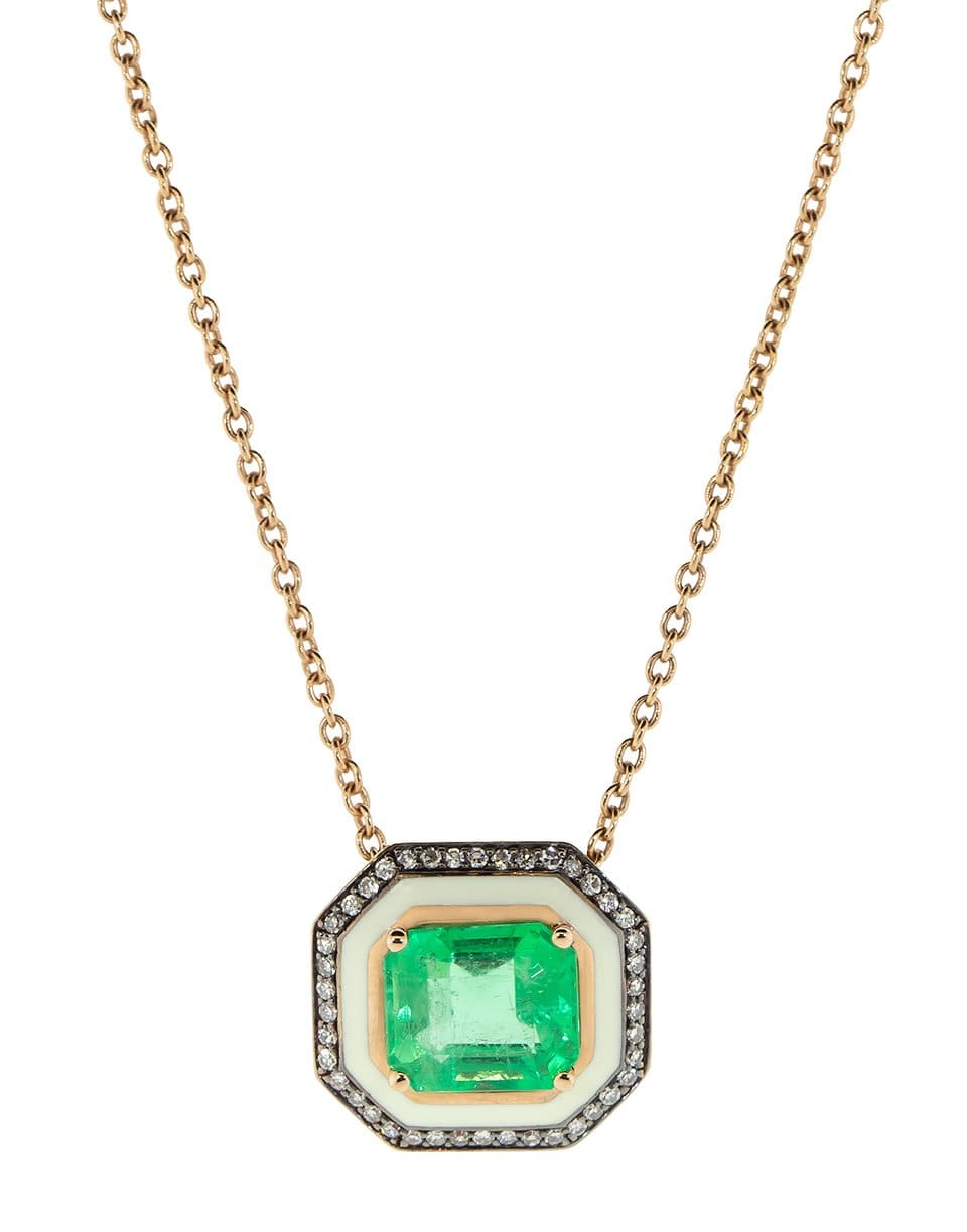 SELIM MOUZANNAR-Emerald Diamond and Enamel Pendant Necklace-ROSE GOLD