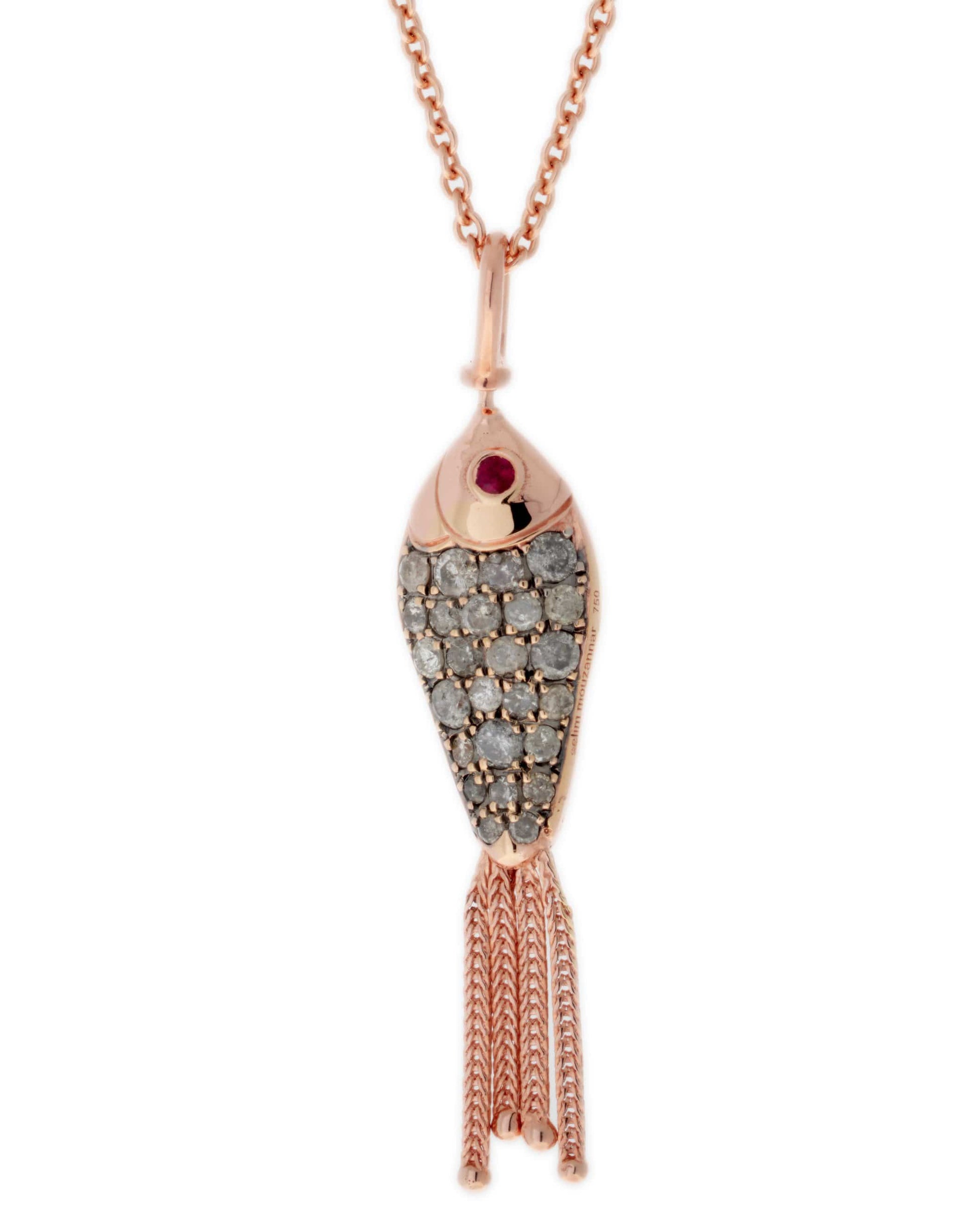 SELIM MOUZANNAR-Icy Diamond and White Enamel Fish Necklace-ROSE GOLD