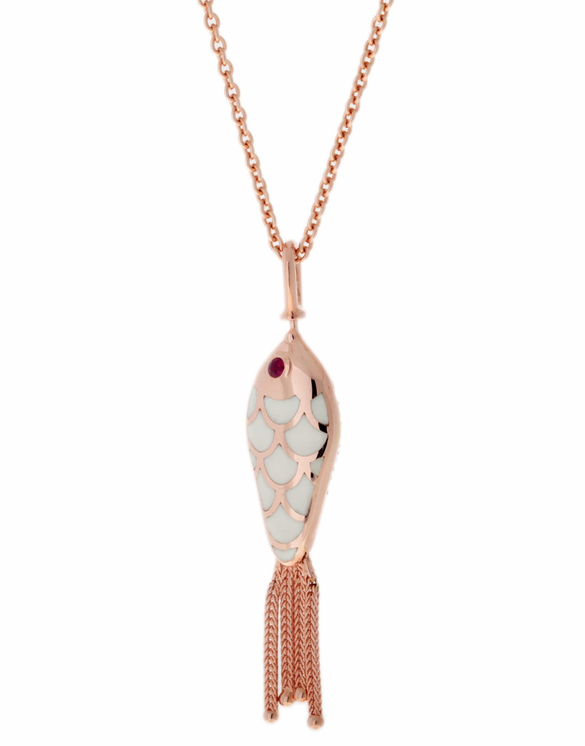 SELIM MOUZANNAR-Icy Diamond and White Enamel Fish Necklace-ROSE GOLD