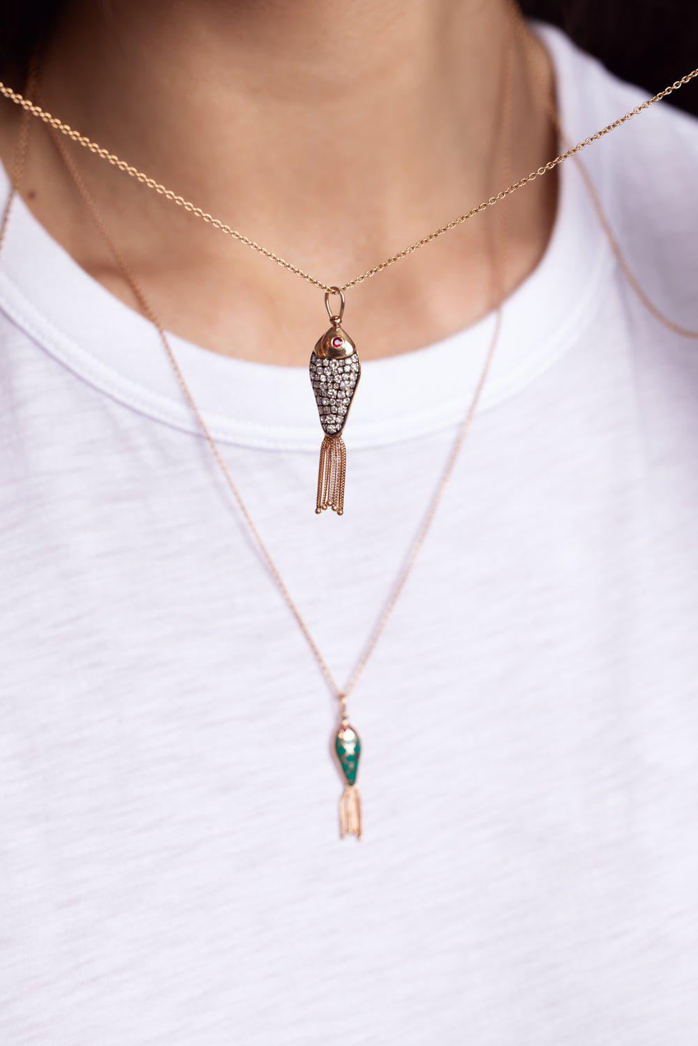 SELIM MOUZANNAR-Large Enamel Diamond Fish Necklace-ROSE GOLD