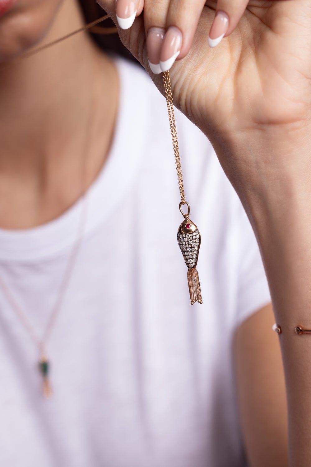 SELIM MOUZANNAR-Large Enamel Diamond Fish Necklace-ROSE GOLD