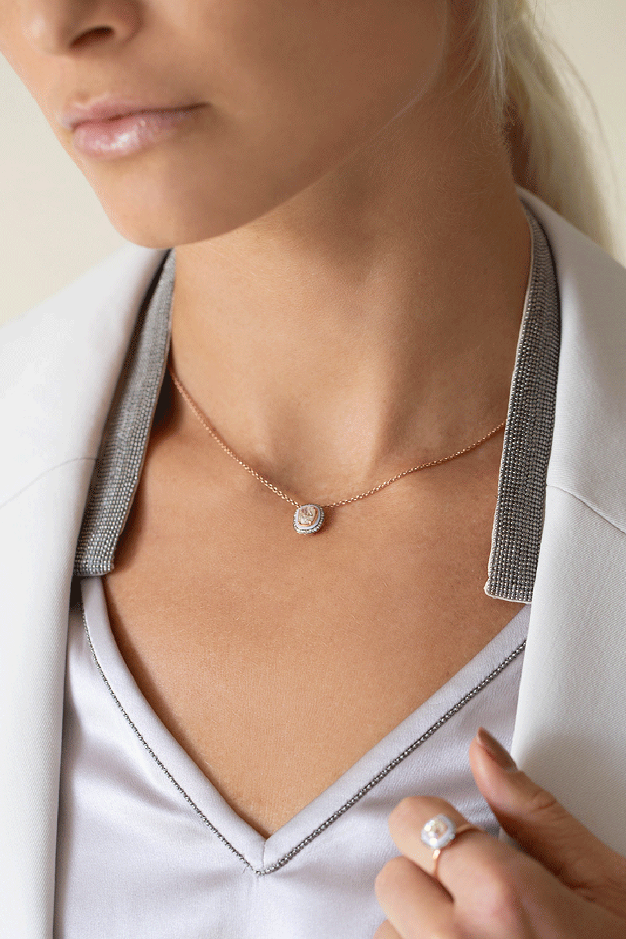 SELIM MOUZANNAR-Lilac Enamel Diamond Pendant Necklace-ROSE GOLD