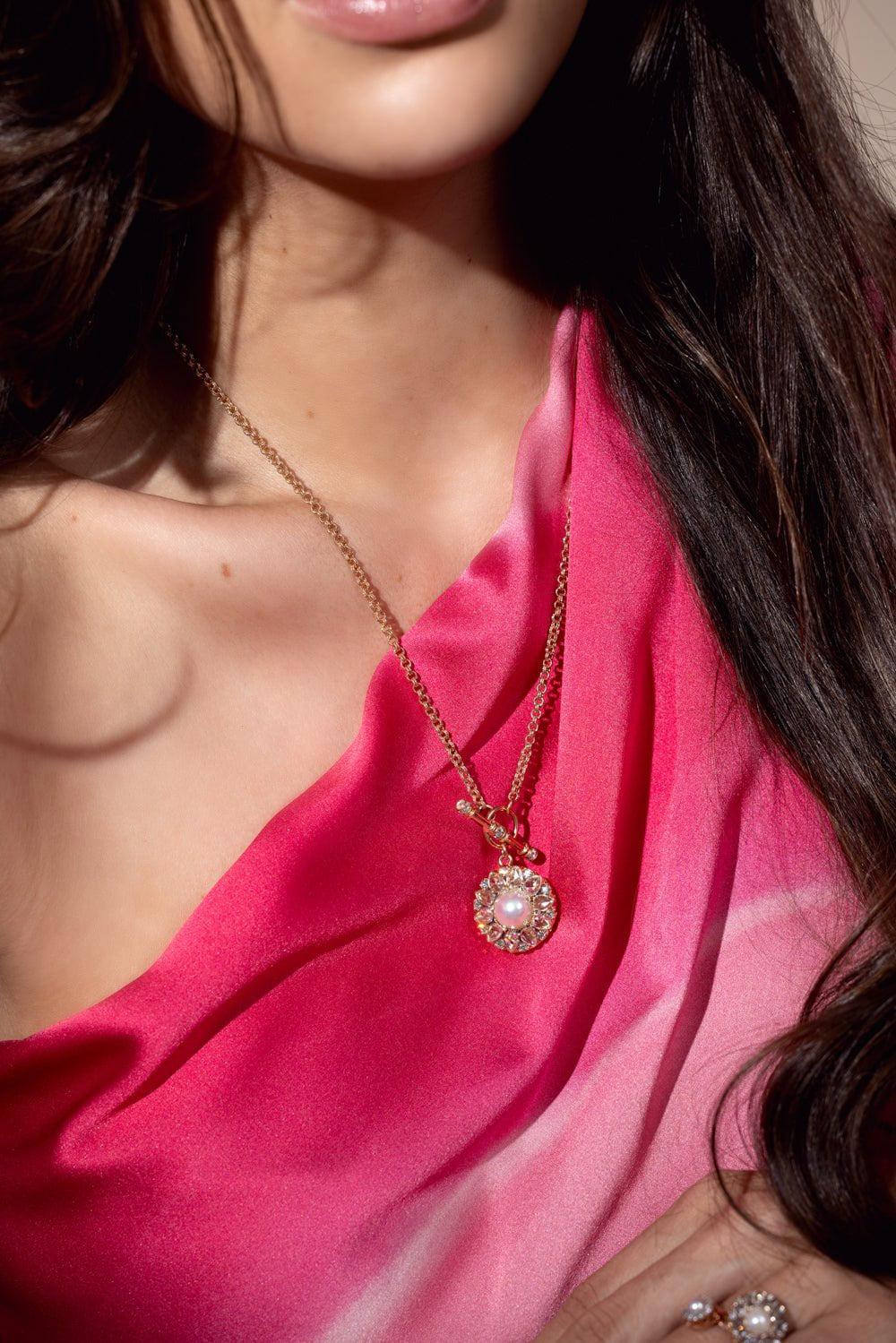 SELIM MOUZANNAR-Pearl Pendant Toggle Chain Necklace-ROSE GOLD
