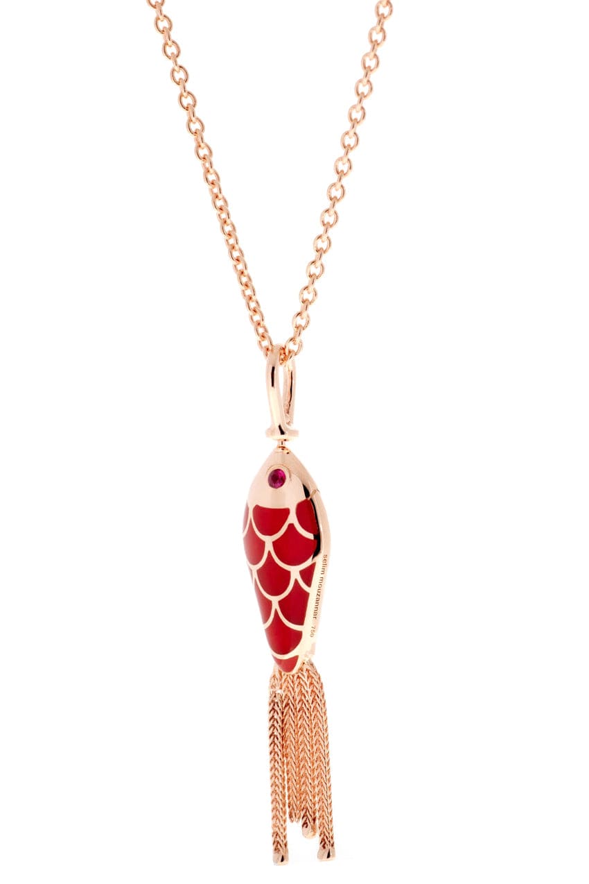 SELIM MOUZANNAR-Red Enamel Fish Pendant Necklace-ROSE GOLD
