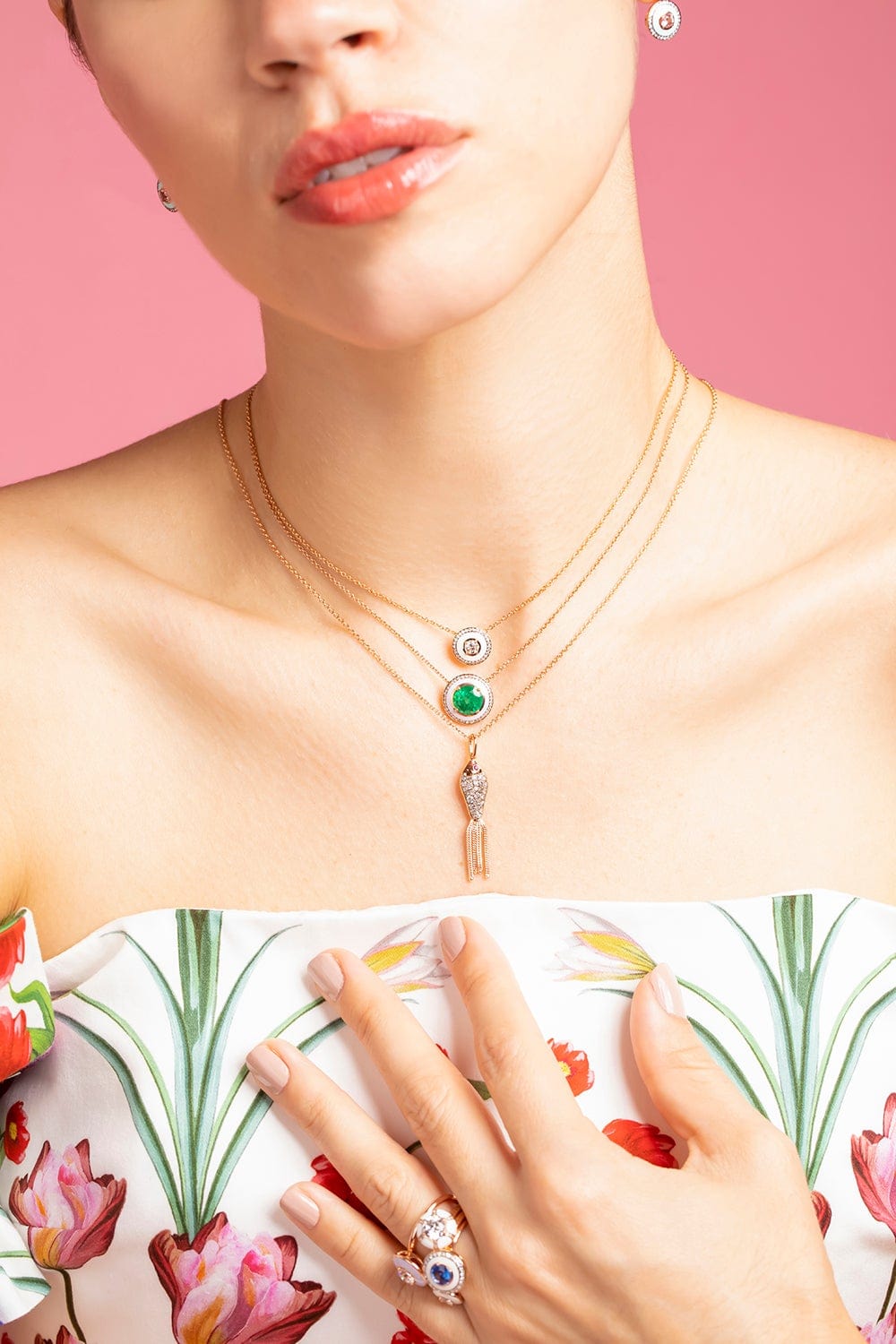 SELIM MOUZANNAR-Ruby and Diamond Green Enamel Fish Pendant Necklace-ROSE GOLD