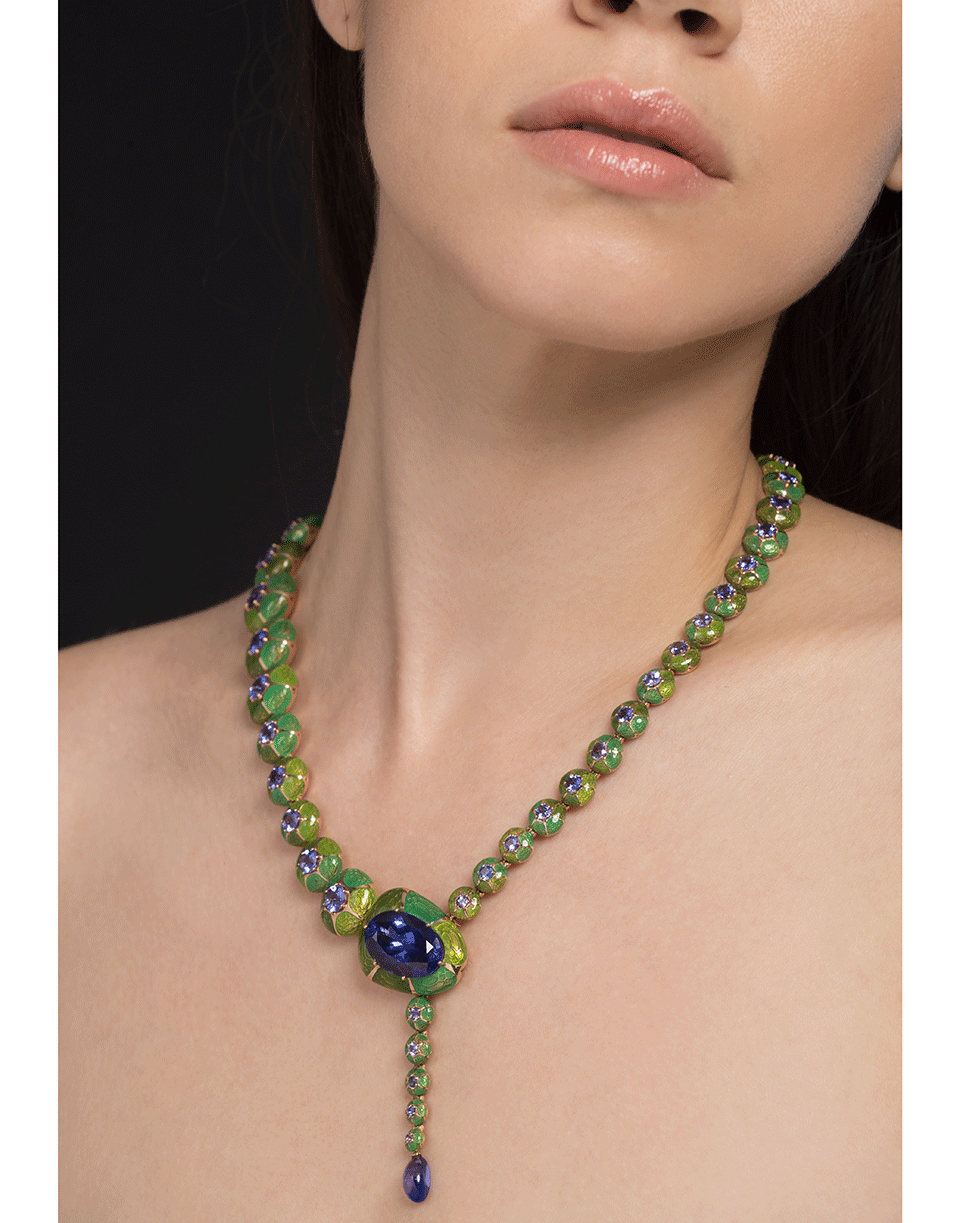 SELIM MOUZANNAR-Tanzanite and Enamel Necklace-ROSE GOLD