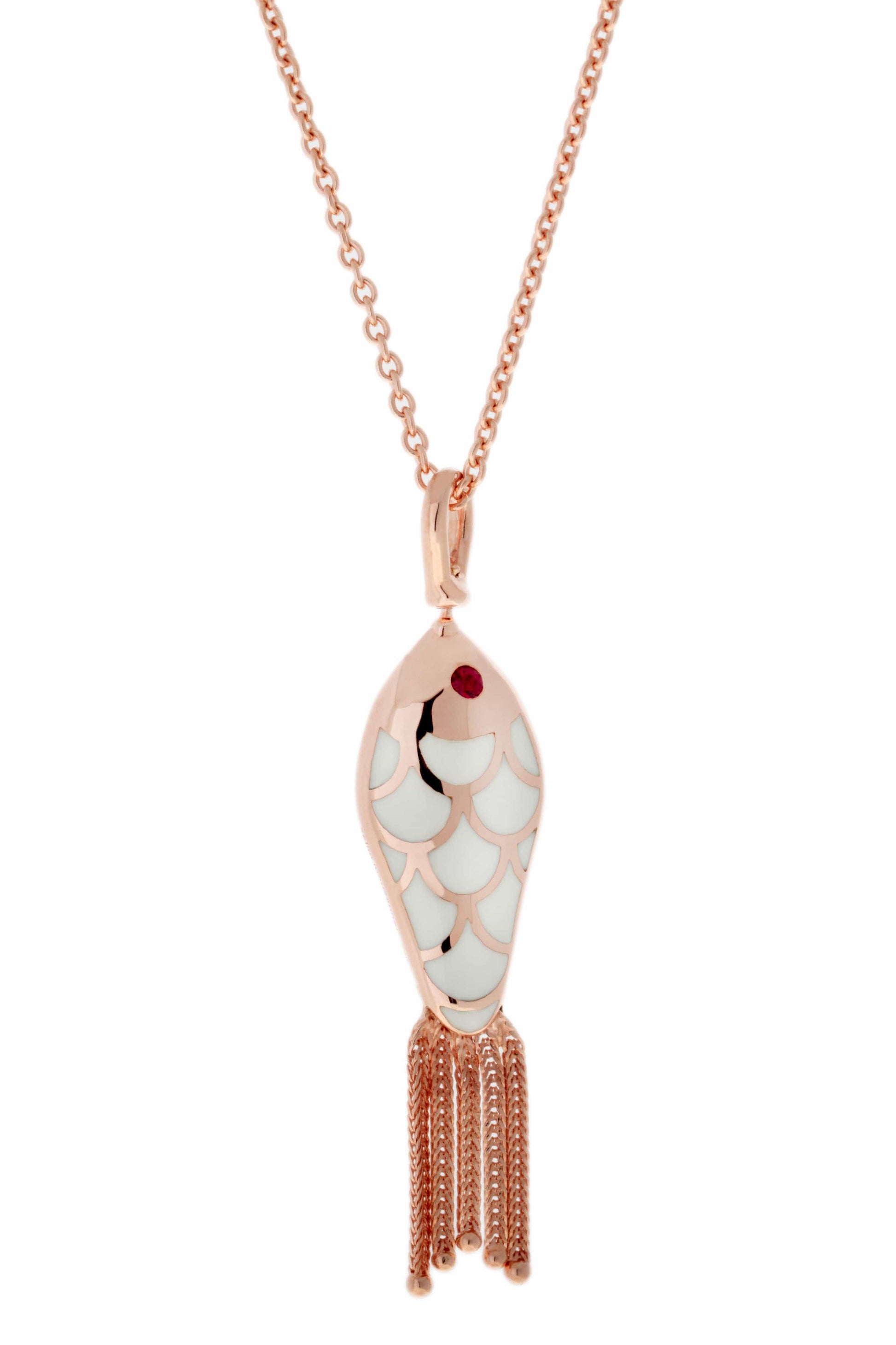 SELIM MOUZANNAR-White and Black Enamel Fish Pendant Necklace-ROSE GOLD
