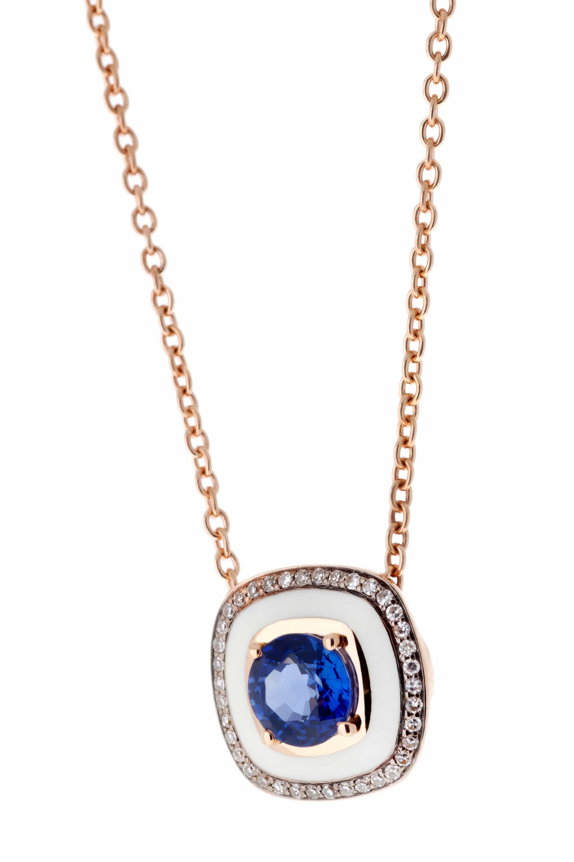 SELIM MOUZANNAR-White Enamel Blue Sapphire Pendant Necklace-ROSE GOLD