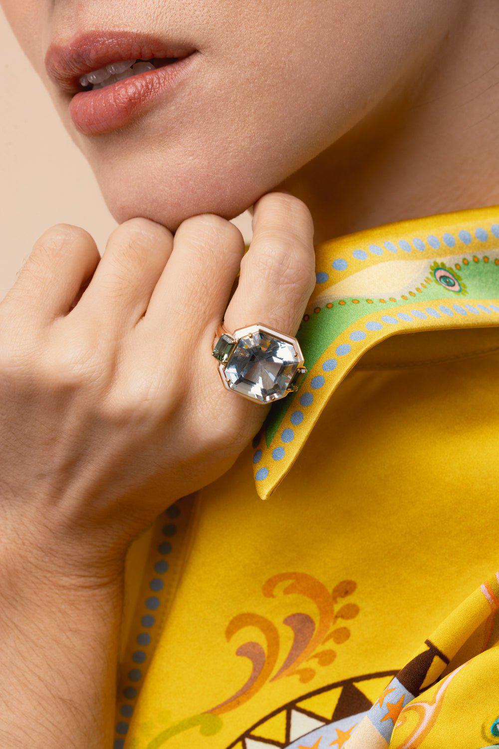 SELIM MOUZANNAR-Gemma Enamel Tourmaline Aquamarine Ring-ROSE GOLD