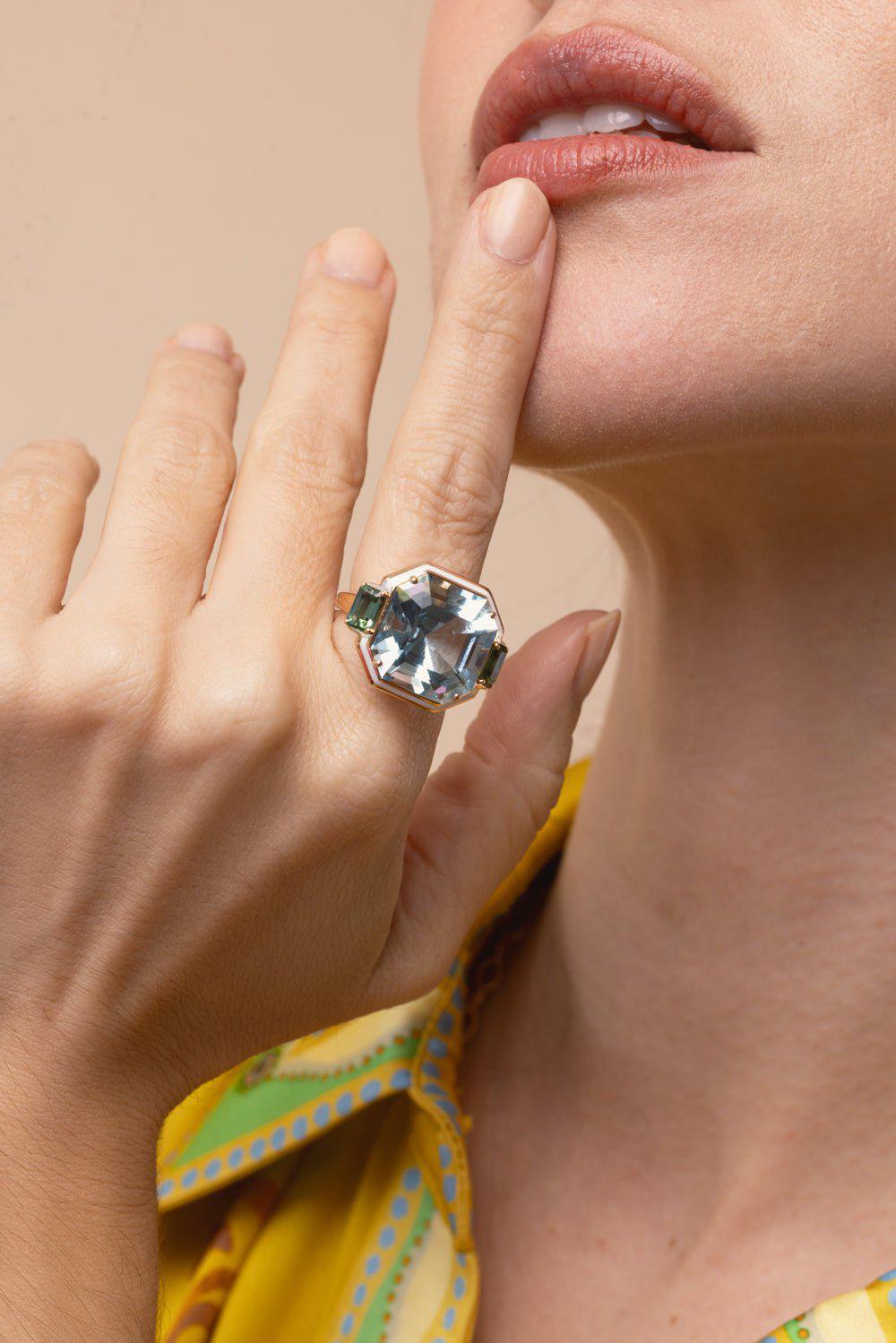 SELIM MOUZANNAR-Gemma Enamel Tourmaline Aquamarine Ring-ROSE GOLD