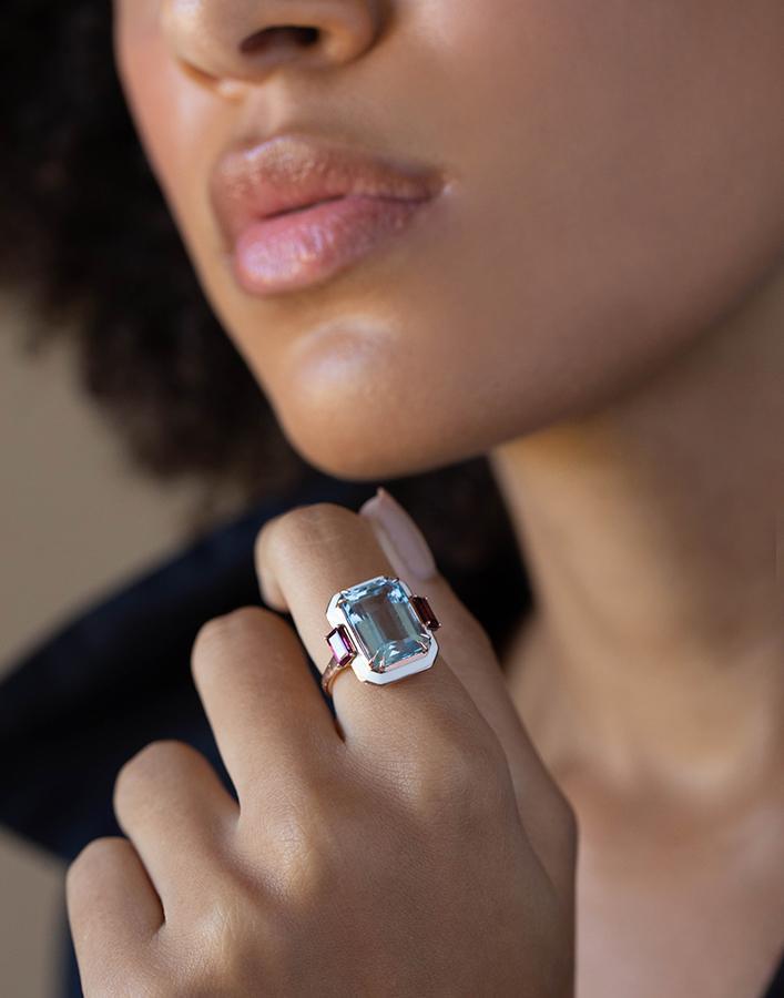 SELIM MOUZANNAR-Gemma Aquamarine and Rhodolite Ring-ROSE GOLD