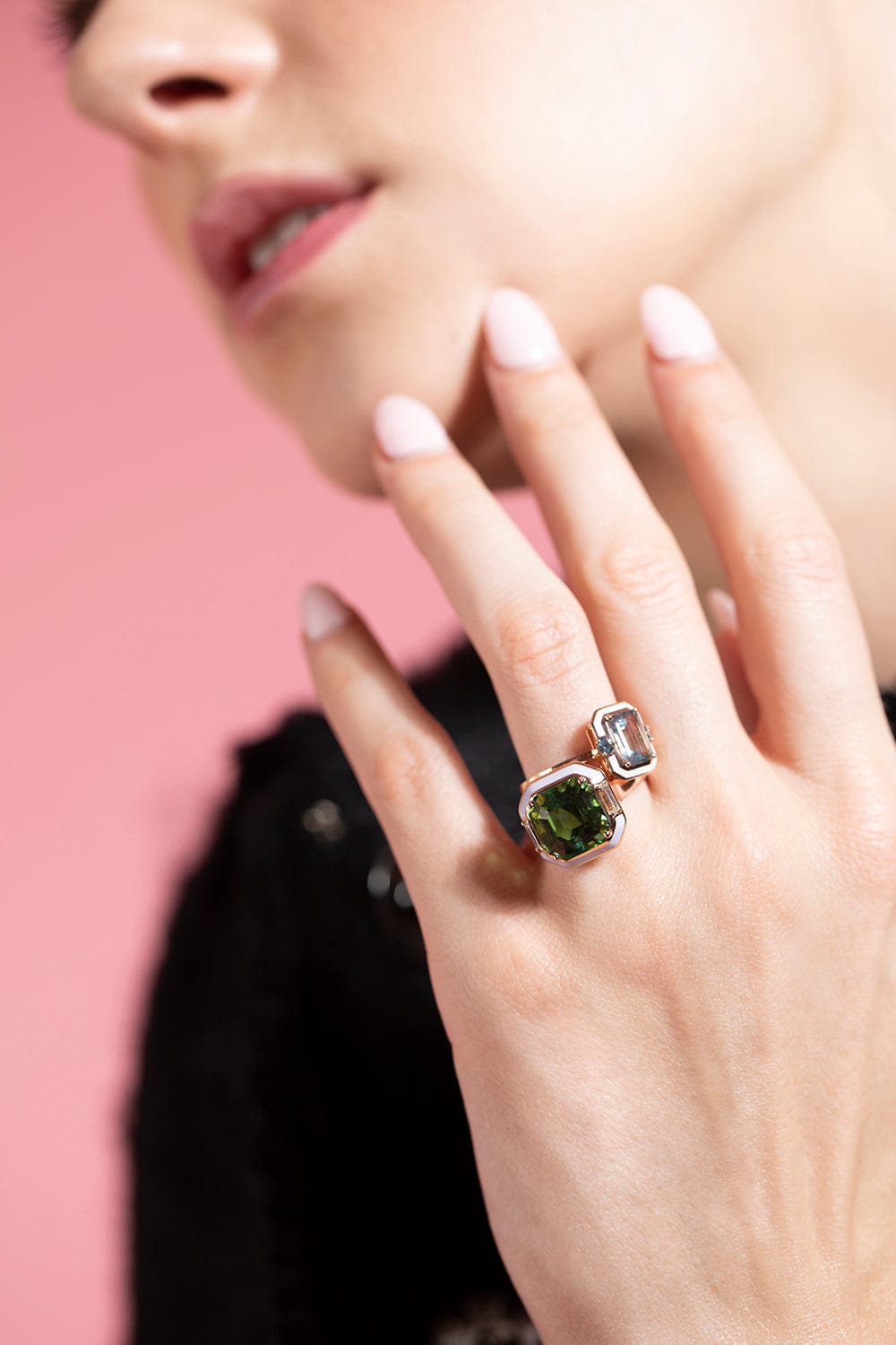SELIM MOUZANNAR-White Enamel Aquamarine Ring-ROSE GOLD