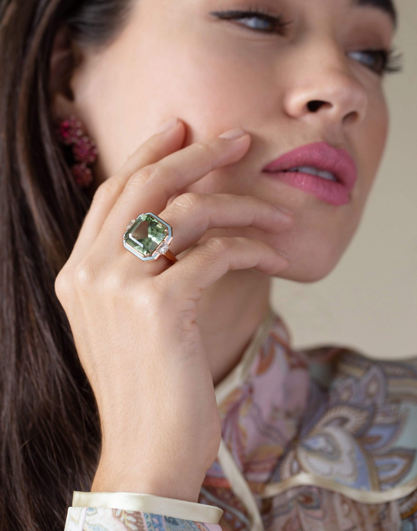 SELIM MOUZANNAR-Green Tourmaline and Light Blue Enamel Ring-ROSE GOLD
