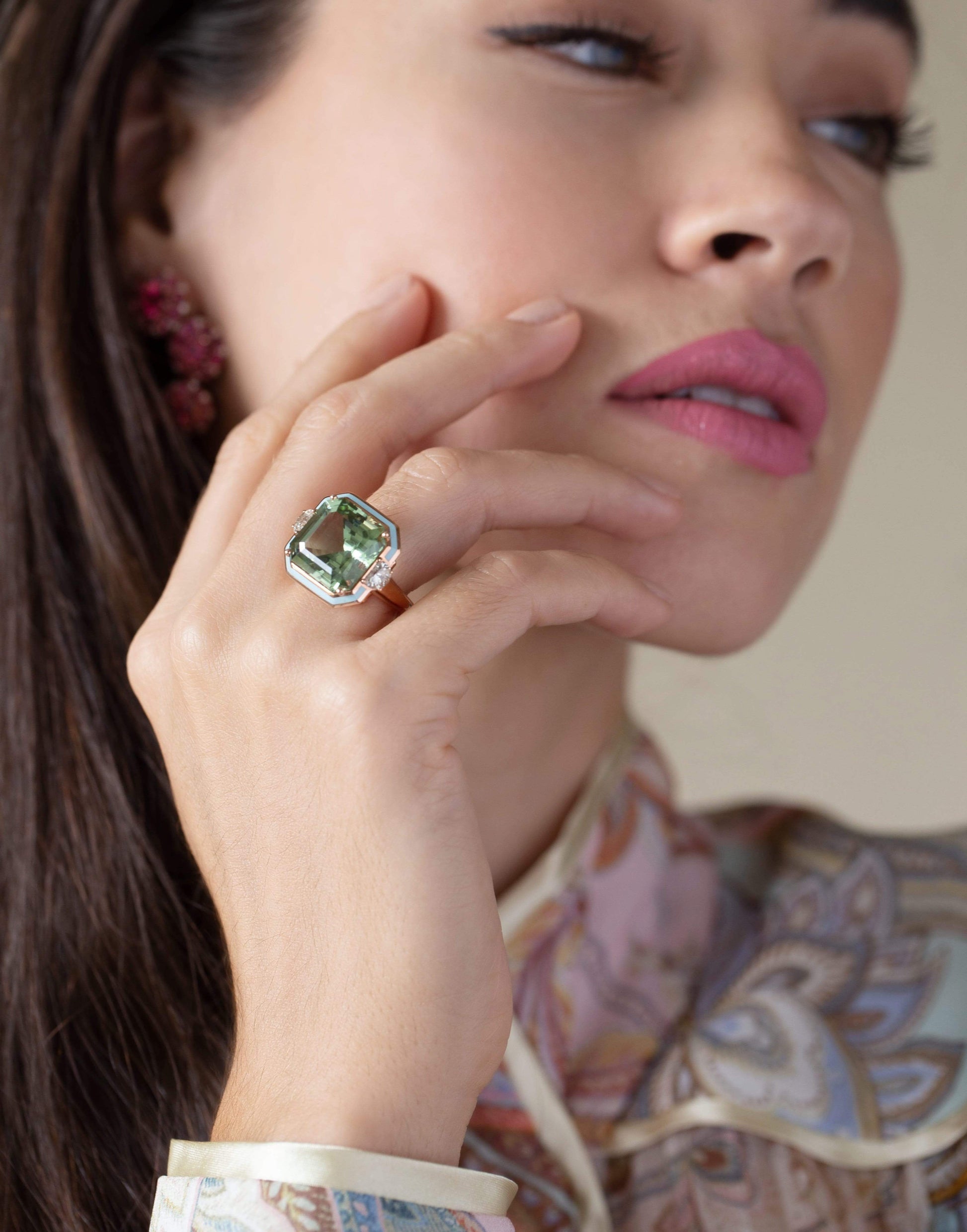 SELIM MOUZANNAR-Green Tourmaline and Light Blue Enamel Ring-ROSE GOLD