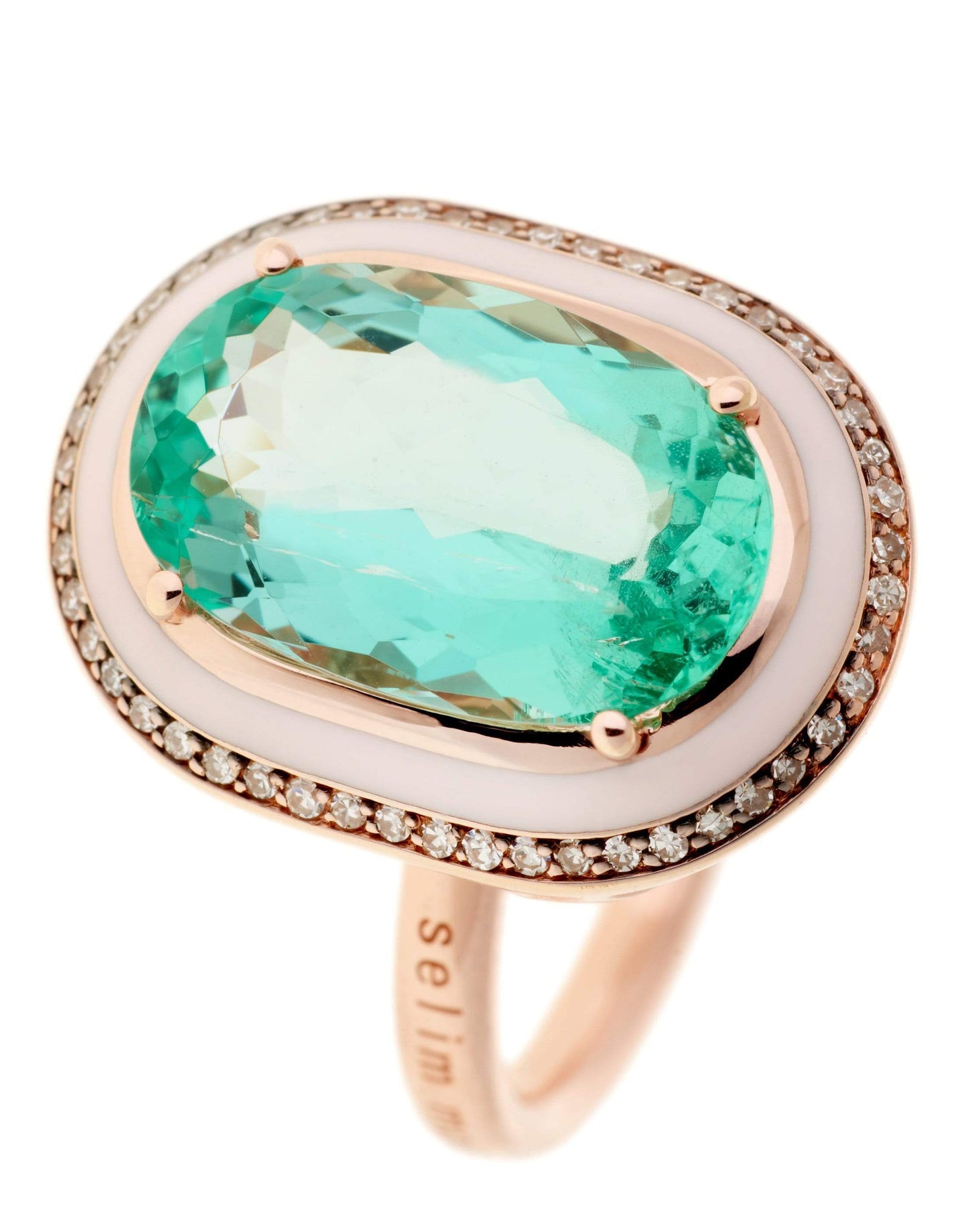 SELIM MOUZANNAR-Pink Enamel, Beryl and Diamond Ring-ROSE GOLD