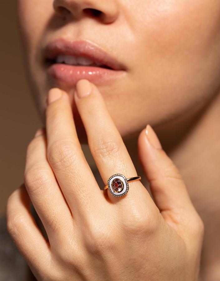 SELIM MOUZANNAR-Pink Sapphire Diamond and Lilac Enamel Ring-ROSE GOLD