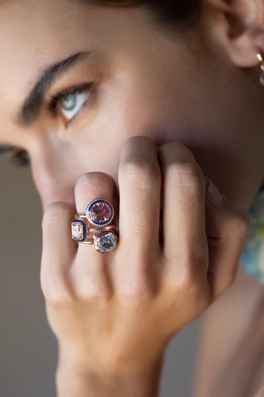 SELIM MOUZANNAR-Pink Tourmaline Blue Enamel Ring-ROSE GOLD