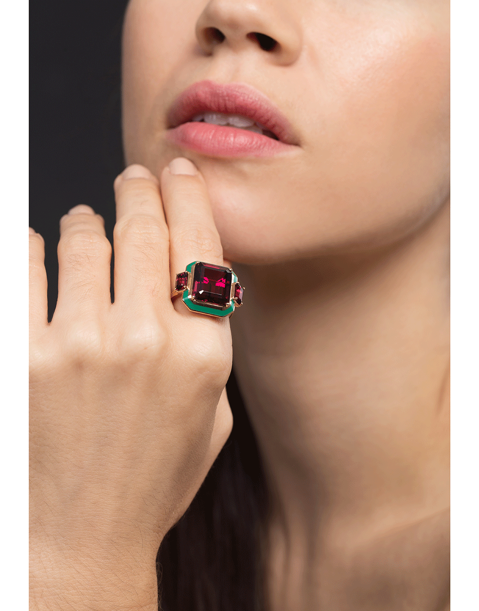 SELIM MOUZANNAR-Rhodolite Ring with Green Enamel-ROSE GOLD