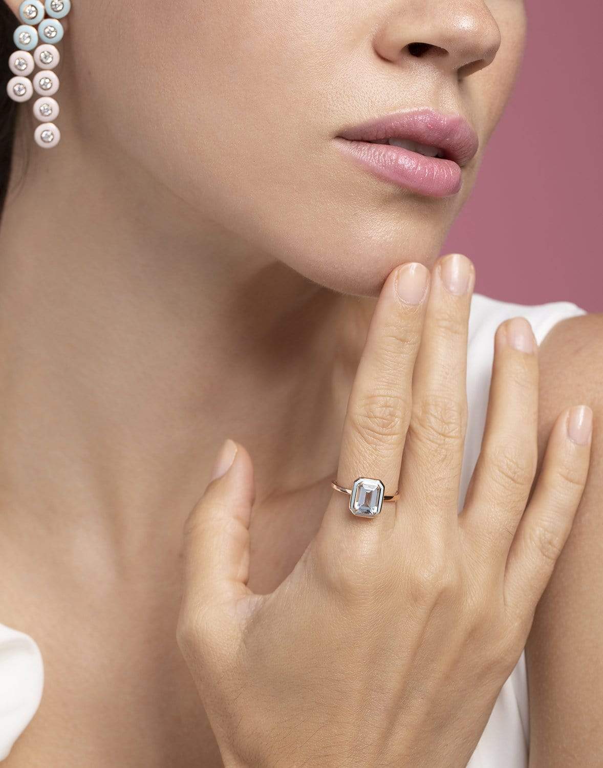 SELIM MOUZANNAR-Aquamarine and Light Blue Enamel Mina Ring-ROSE GOLD